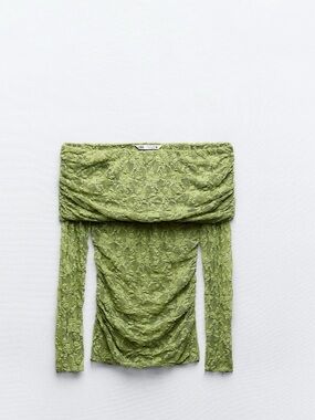 Zara Olive Lace Off-Shoulder Ruched Top